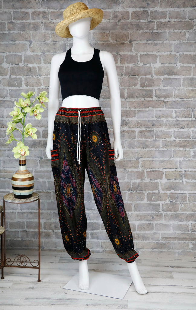 Black Peacock Harem Pants Women Unisex Hippie Bohemian Boho Yoga Pants Summer Festival Thai Pants