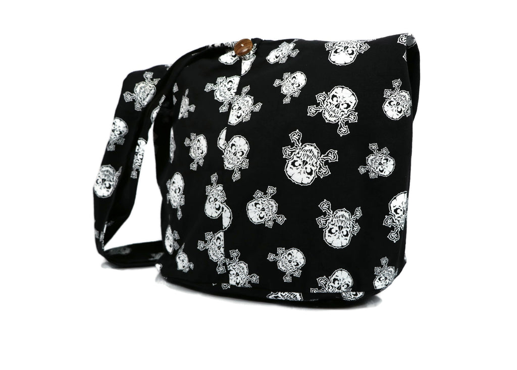 Gothic bag Skull Punk Rock Hippie Hobo Cotton Sling Crossbody Bag Messenger Purse Boho Shoulder Purse Black and White