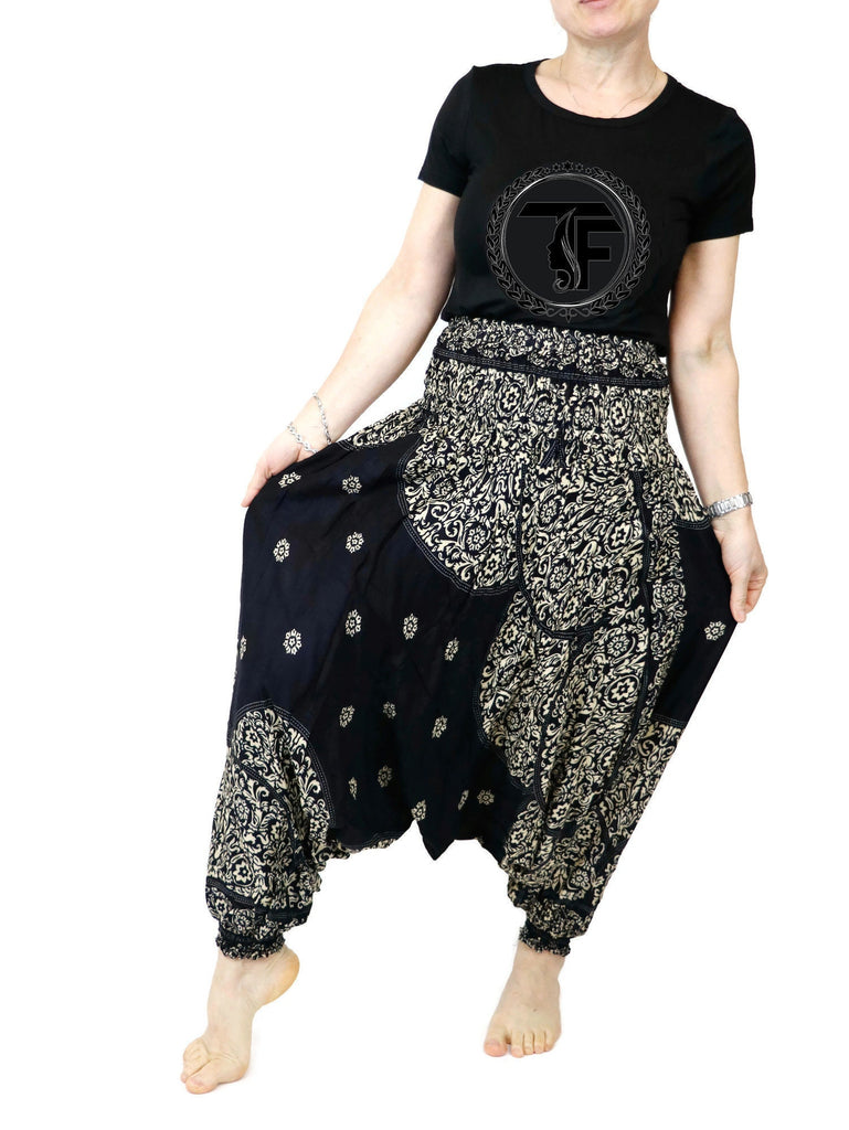 Harem Pants Women Unisex Black Mandala Boho Clothes Aladdin Gypsy Comfy Loungewear Hippie Hippy Loose Yoga Pants Baggy Festival  Drop Crotch